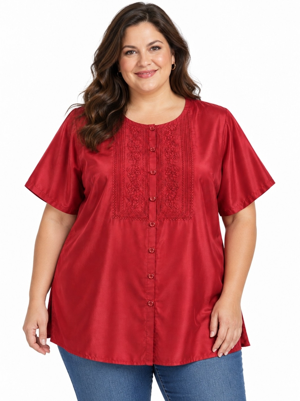 Plus-Size Red Button-Front Blouse with Embroidered Yoke